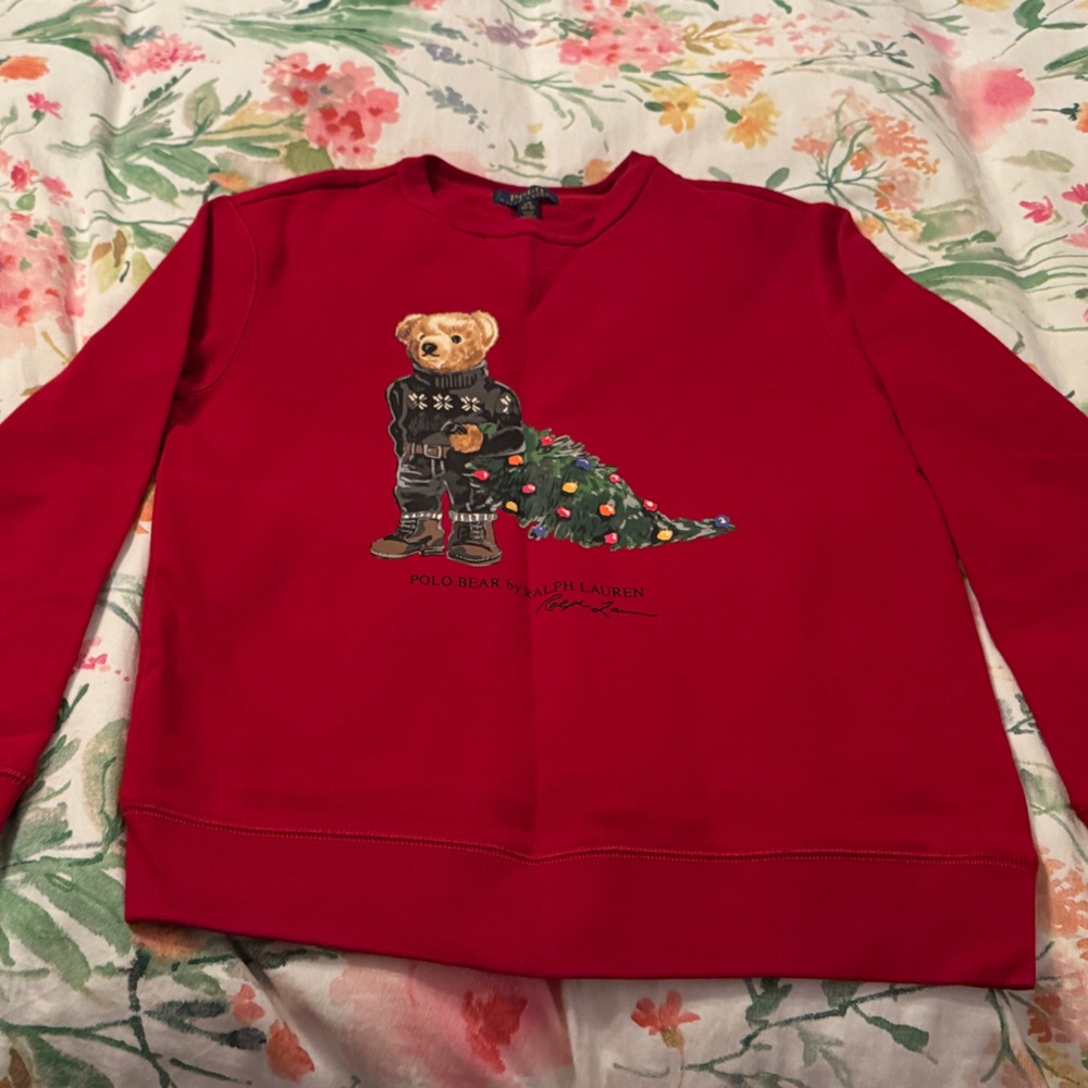 Polo Ralph Lauren Red Sweatshirt with Bear and Christmas Tree Design.